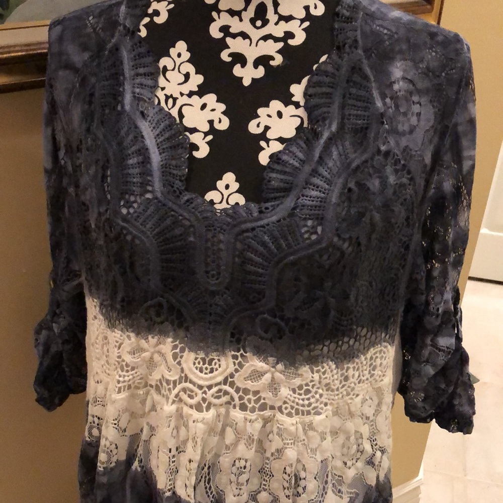 💙 Scallop Neckline, Lace Horizontal Tie dye Striped Boho tiered Dress